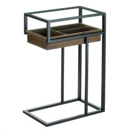 Glass-Top Industrial Side Table with Pull-Out Drawer