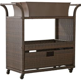 Durable Brown Rattan Outdoor Serving Bar Cart with Tray | Resin Wicker