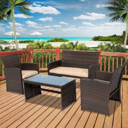 Brown Wicker Patio Set: 4-Piece with Beige Cushions