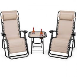 Portable Tan Reclining Lounge Chairs Table Set - 3-Piece Folding