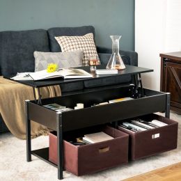 FarmHouse Black Lift-Top Multi Purpose Coffee Table with 2 Storage Drawers Bins