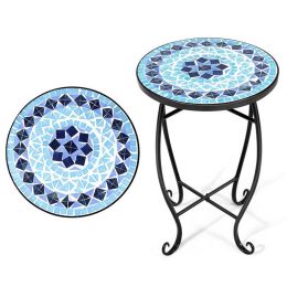 Versatile Blue Mosaic Round Side Accent Table/Plant Stand | Elegant Patio Decor