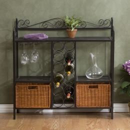 Kitchen Dining Baker's Rack with Wine Storage and Rattan Baskets