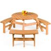 Outdoor Round Wood Picnic Table Bench Set | Seats 6 | Umbrella Hole for Sun Protection