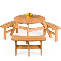 Outdoor Round Wood Picnic Table Bench Set | Seats 6 | Umbrella Hole for Sun Protection