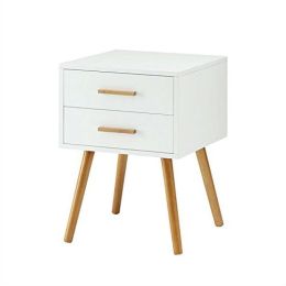 Modern White 2-Drawer End Table Nightstand with Mid-Century Style Wood Legs