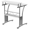 Modern Metal Frame Computer Desk | White Laminate Top with Raised Shelf