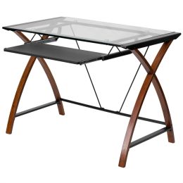 Modern Cherry Finish Glass Top Writing Table Computer Desk with Keyboard Tray