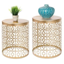 Set Of 2 Gold Circle Charm Round Accent Tables/Nightstands