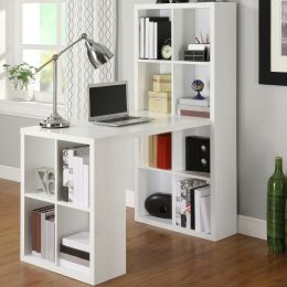 Home Office Laptop Desk with Storage, White Wood Finish