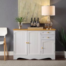 White Sideboard Buffet Cabinet with Light Wood Finish Top and Knobs