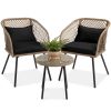 Beige/Black Outdoor Wicker Bistro Set - 3-Piece with Tempered Glass Side Table