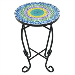 Versatile Blue Yellow Green Mosaic Round Side Accent Table/Plant Stand