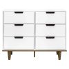 Modern Mid-Century 6-Drawer Double Dresser, White Walnut Finish