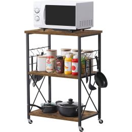 3-Shelf Baker's Rack Microwave Cart w/Black Metal Rustic Brown Wood