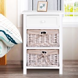 White Wooden 1-Drawer Nightstand/End Table with 2 Baskets