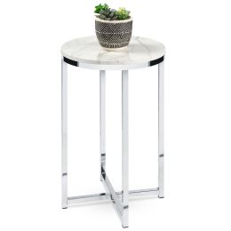 Round Cross Leg Coffee Side Table Nightstand with Faux Marble Top | White/Chrome