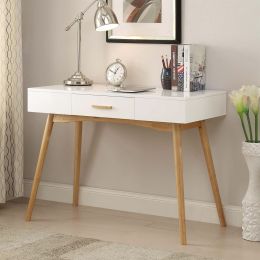 Modern Laptop Writing Desk | White with Natural Mid-Century Style Legs