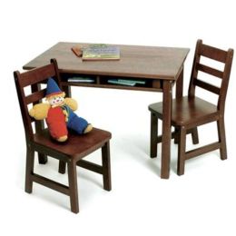 Child Rectangular Table with Shelves & 2 Chairs, Walnut Finish